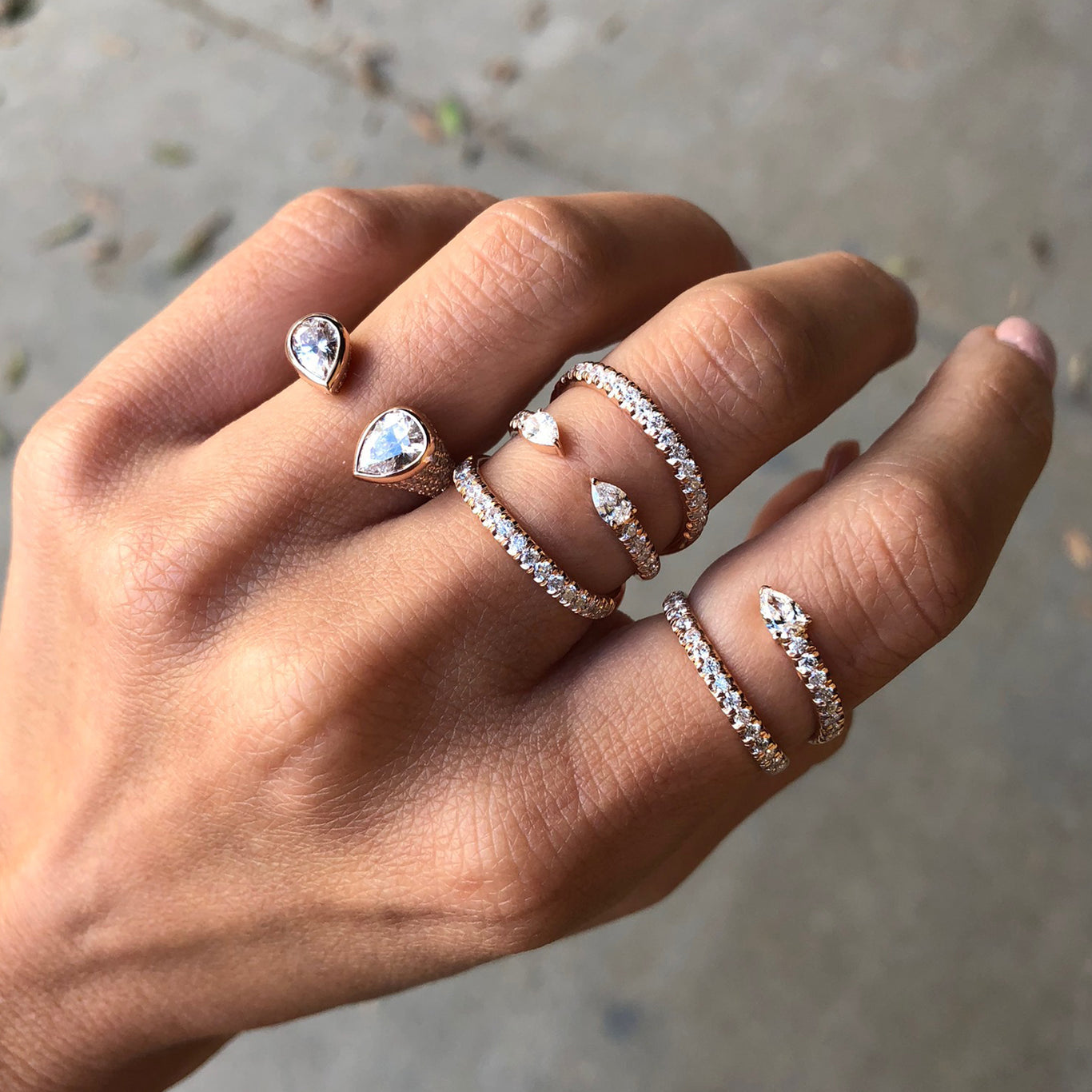 The Medium Twin Ring shown with the Alpha Ring and Serpent Ring. A perfect pear shape look!