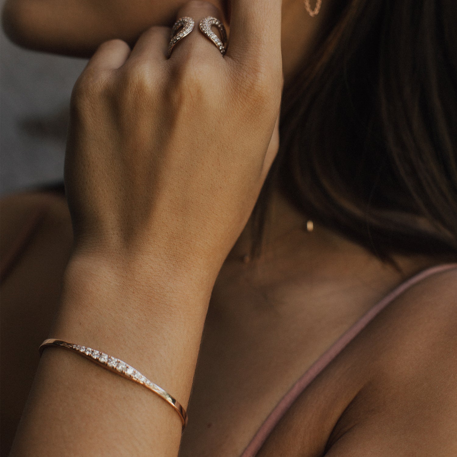 The Marquise Bangle shown in rose gold.