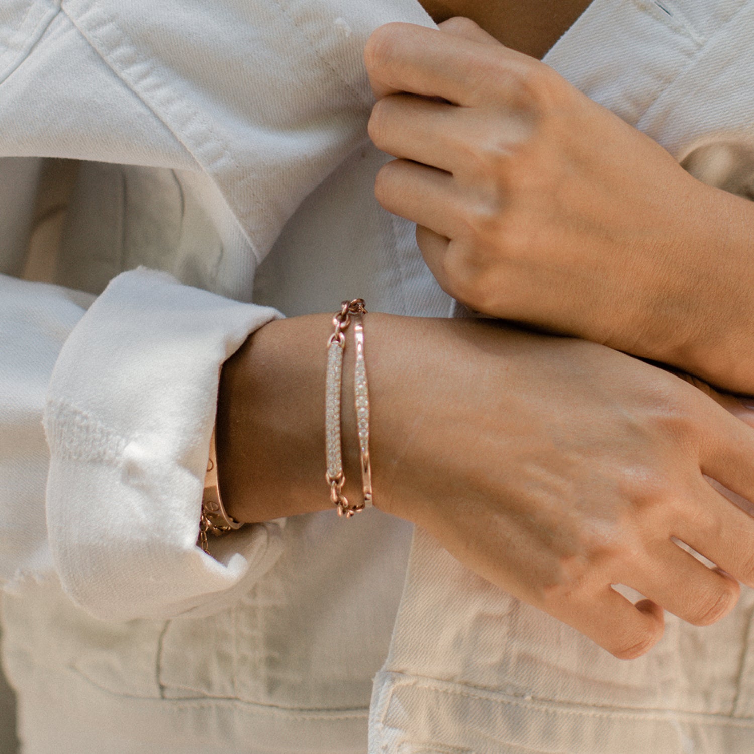 The Marquise Bangle shown stacked with the Pantheon Bracelet. The perfect combo!