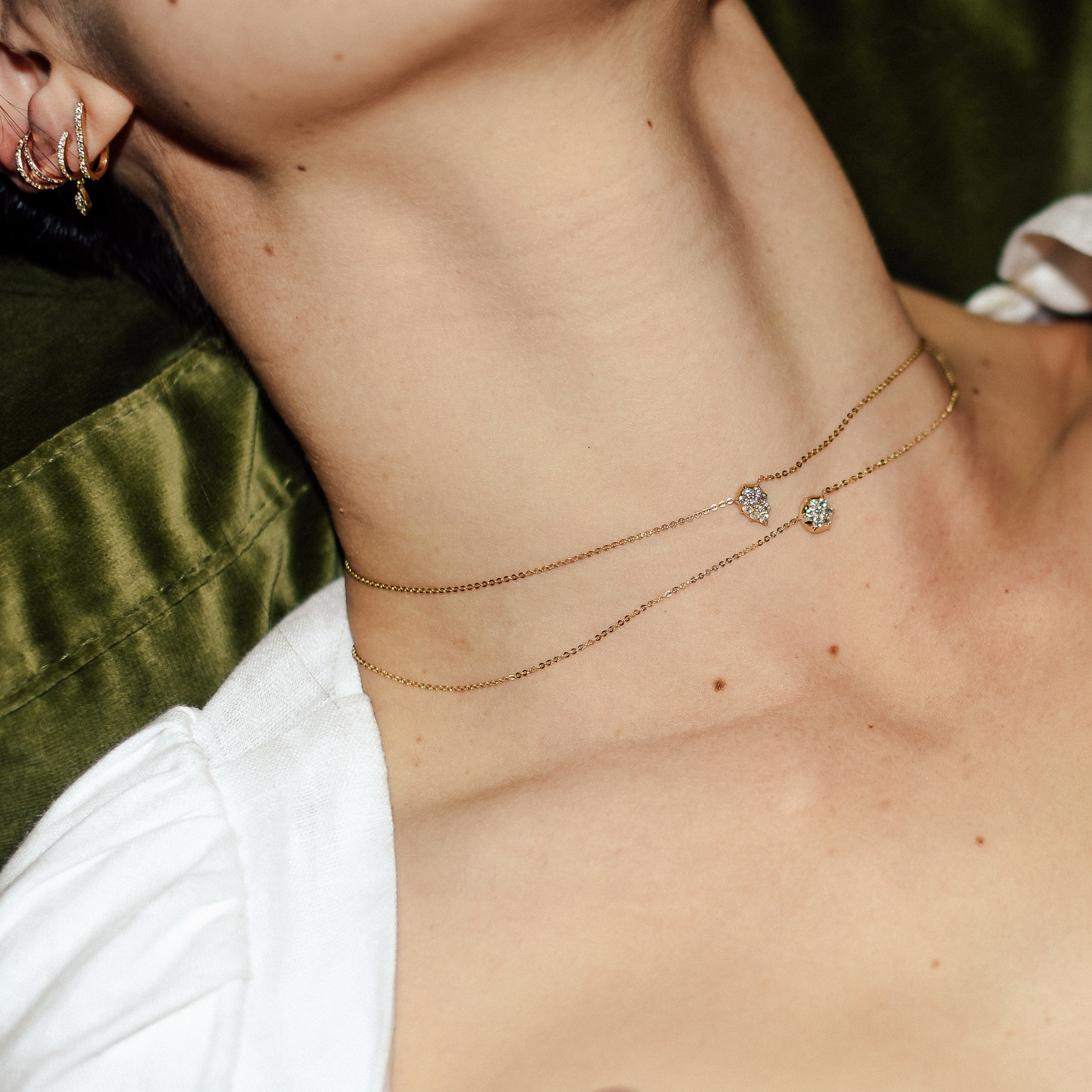 The Bullet Choker shown layered with the Venus Choker Chain.