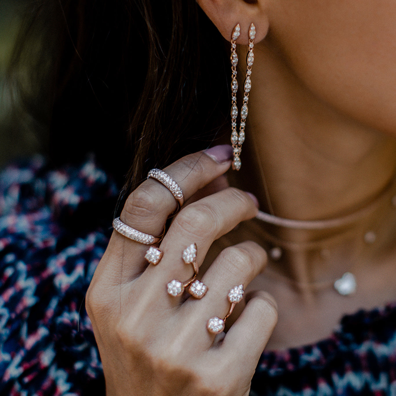 Two Throne Rings shown layered with the Olympus Ring and Cascade Earrings.