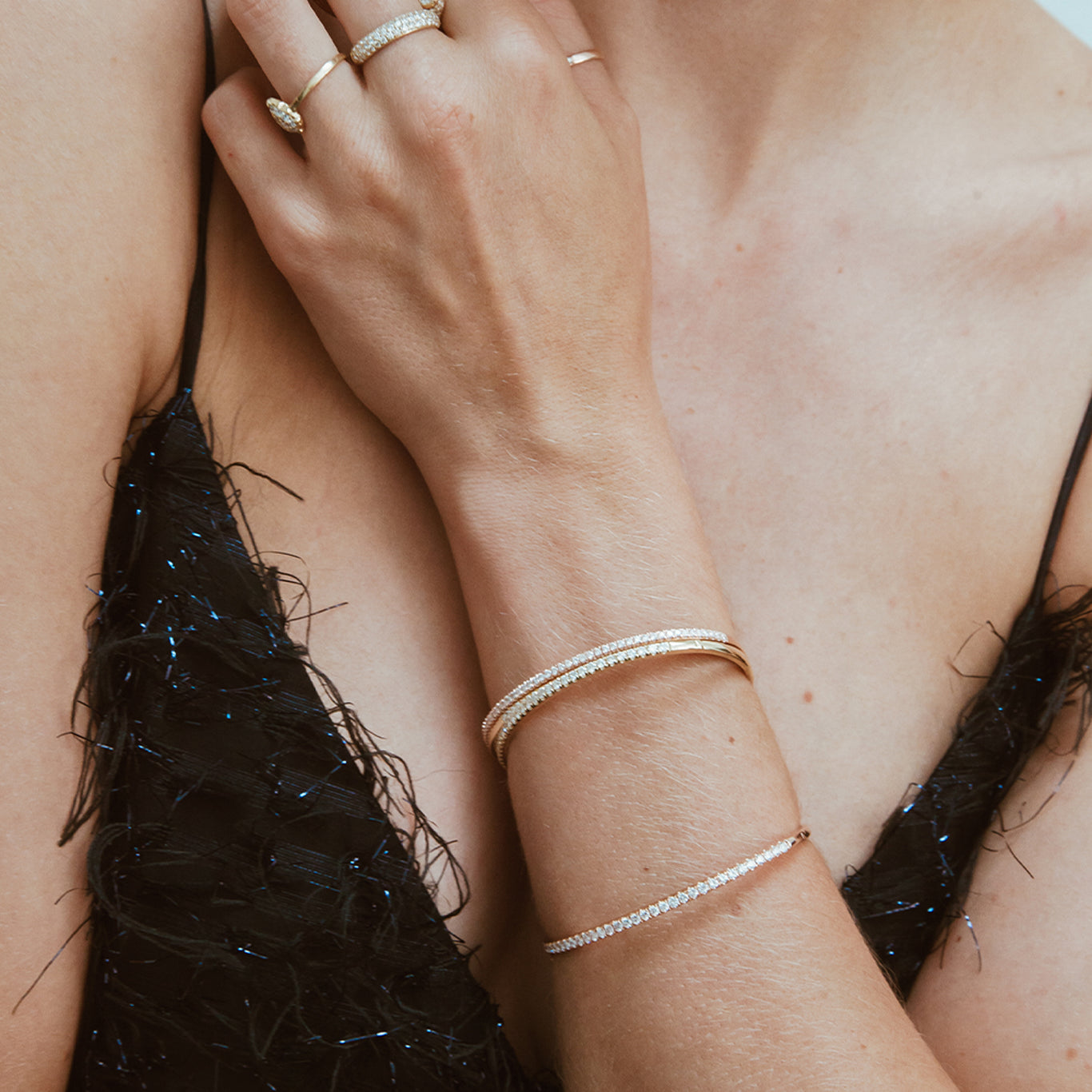Our Classic Diamond Bangles shown in 14K Rose and 14K Yellow Gold.