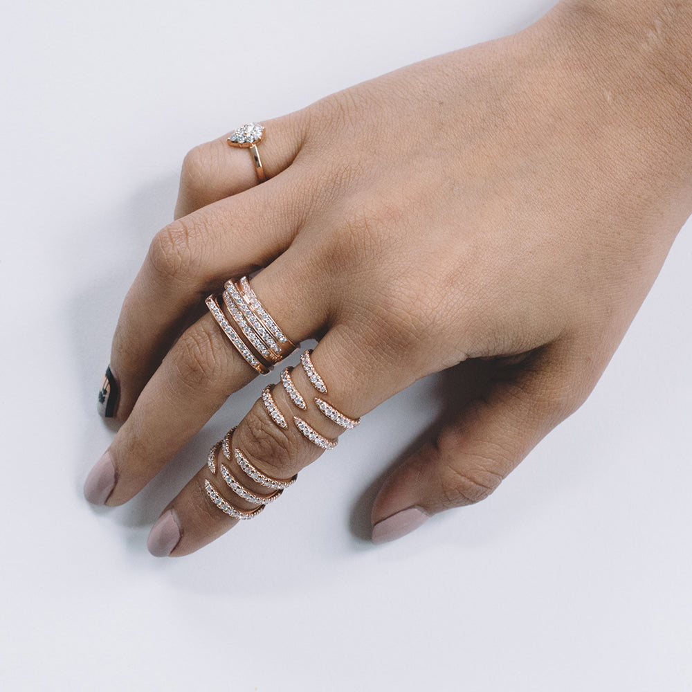 The Claw Ring shown stacked with the Mini Claw Ring for added sparkle.