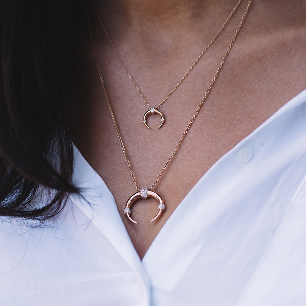 The Mini Dharma Necklace beautifully layered with the Dharma Necklace in rose gold. 