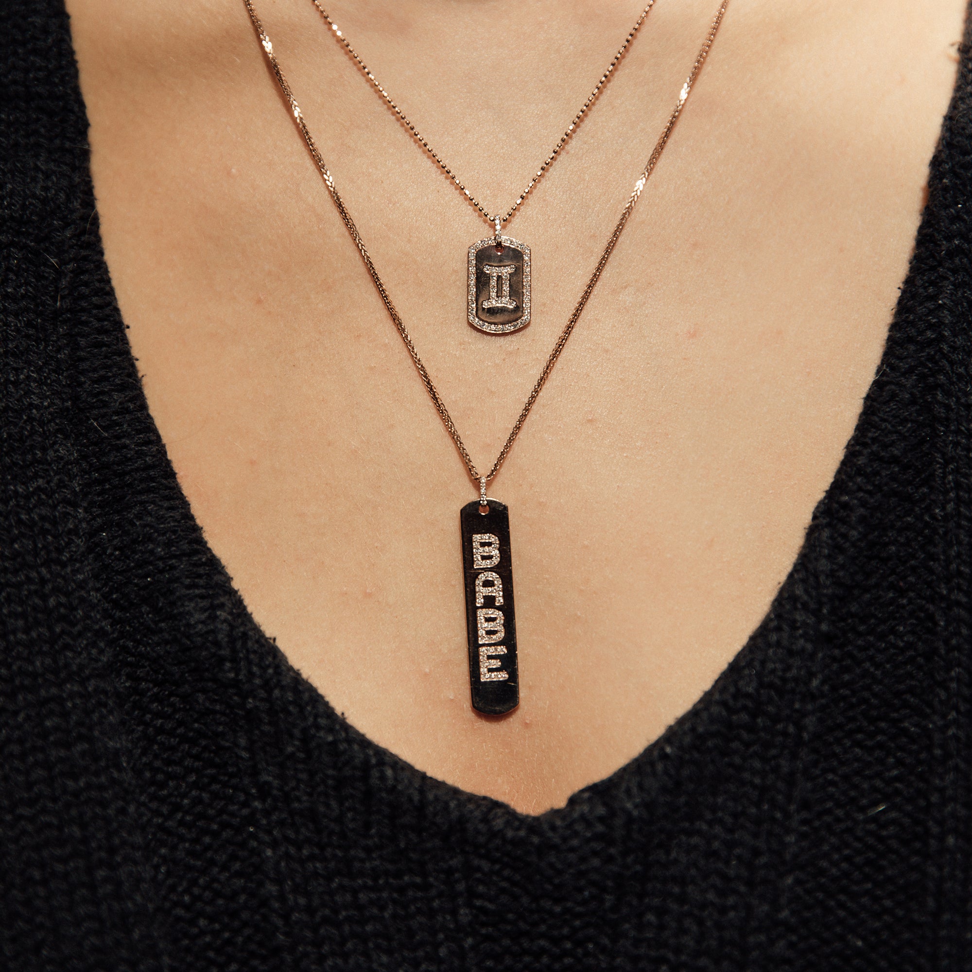 The Longtag Necklace shown in rose gold.