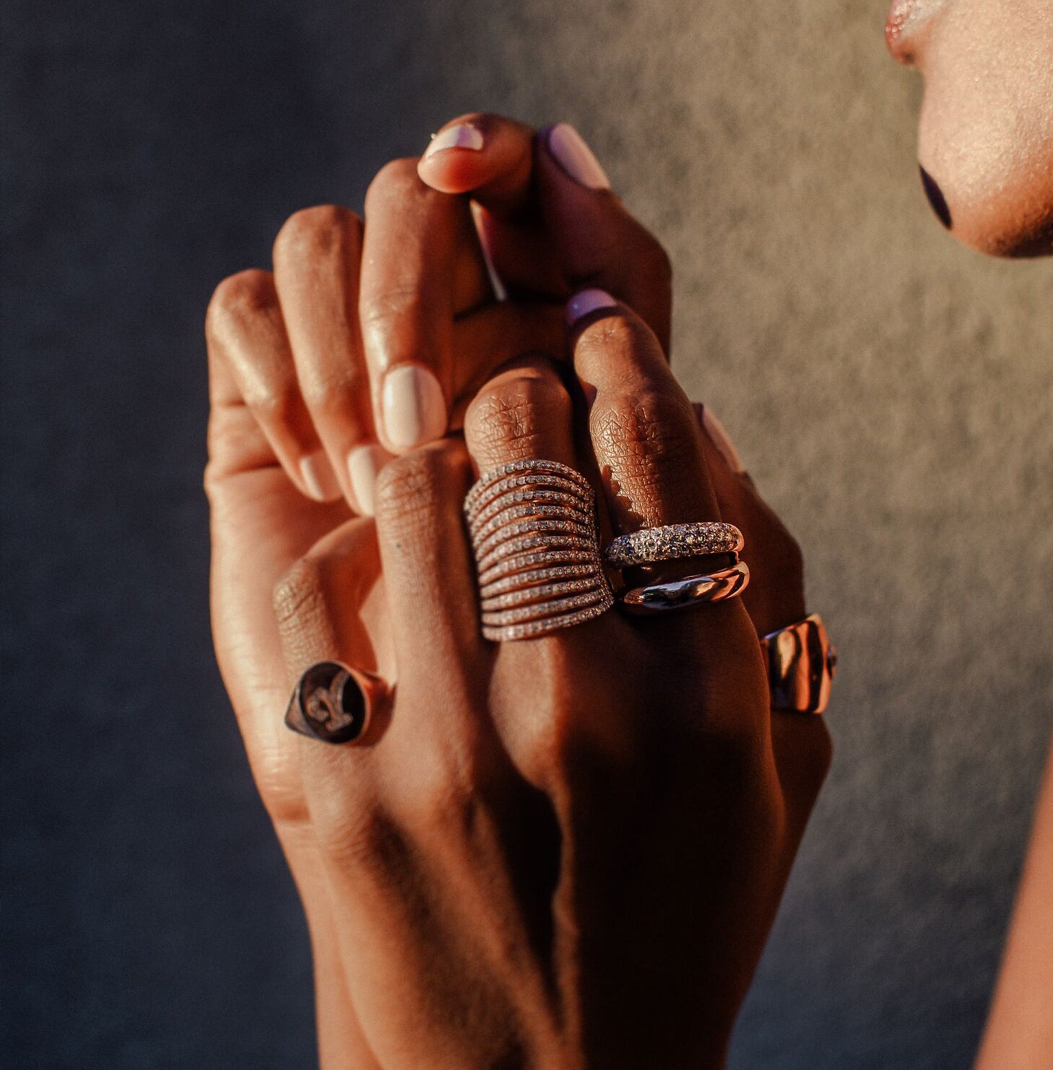 The Gemini Ring shown paired with the Spine Ring and Mini Chilla Ring.