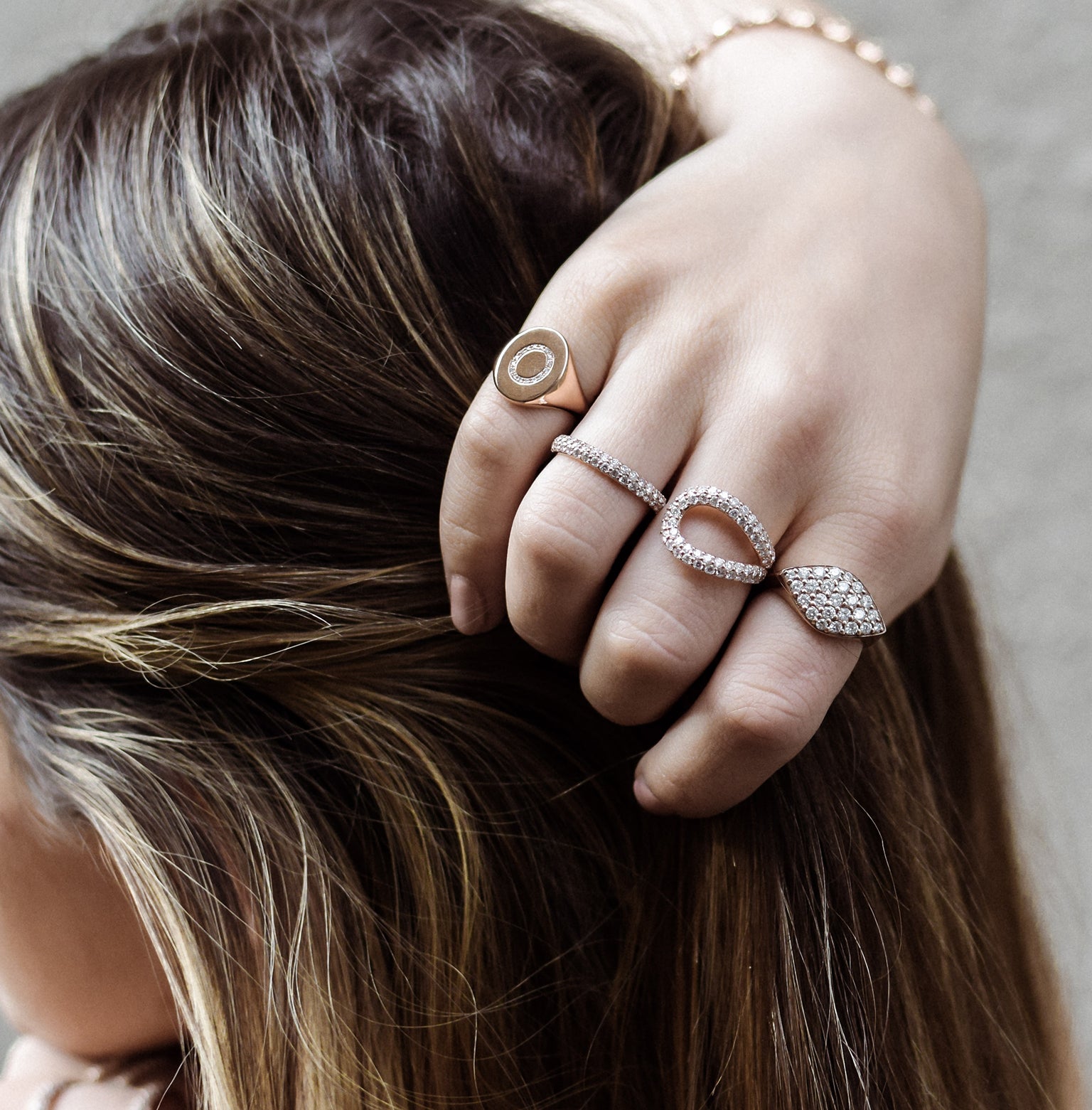 Athena Ring shown with the Gemma Ring on the pointer and Mini Chilla Ring on the pinky.