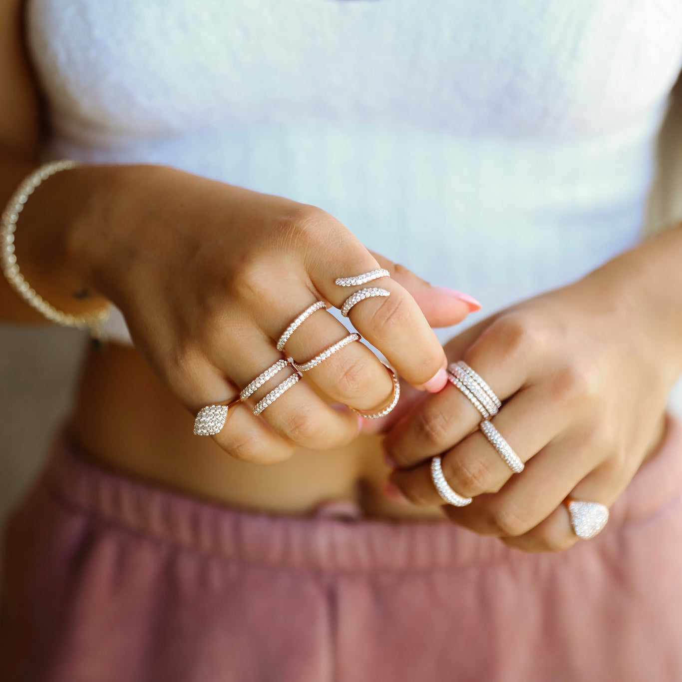 Gemma Pinky Ring shown with the Double Dome Band, Arabesque Ring, and Viper Ring on the right hand.