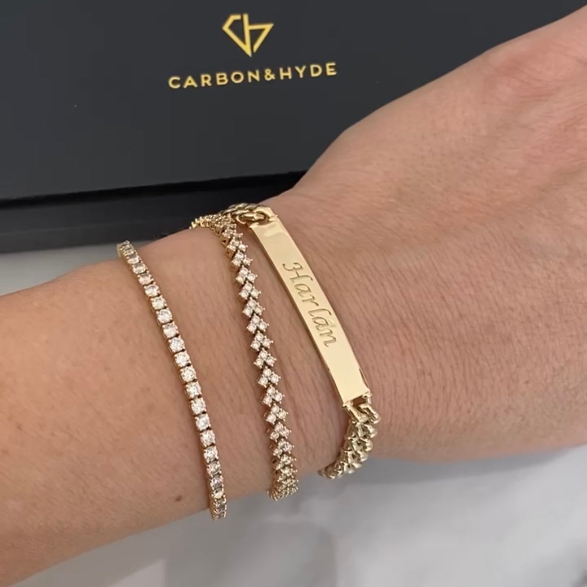 Tag Bracelet shown in Yellow Gold with "Harlan" engraving
