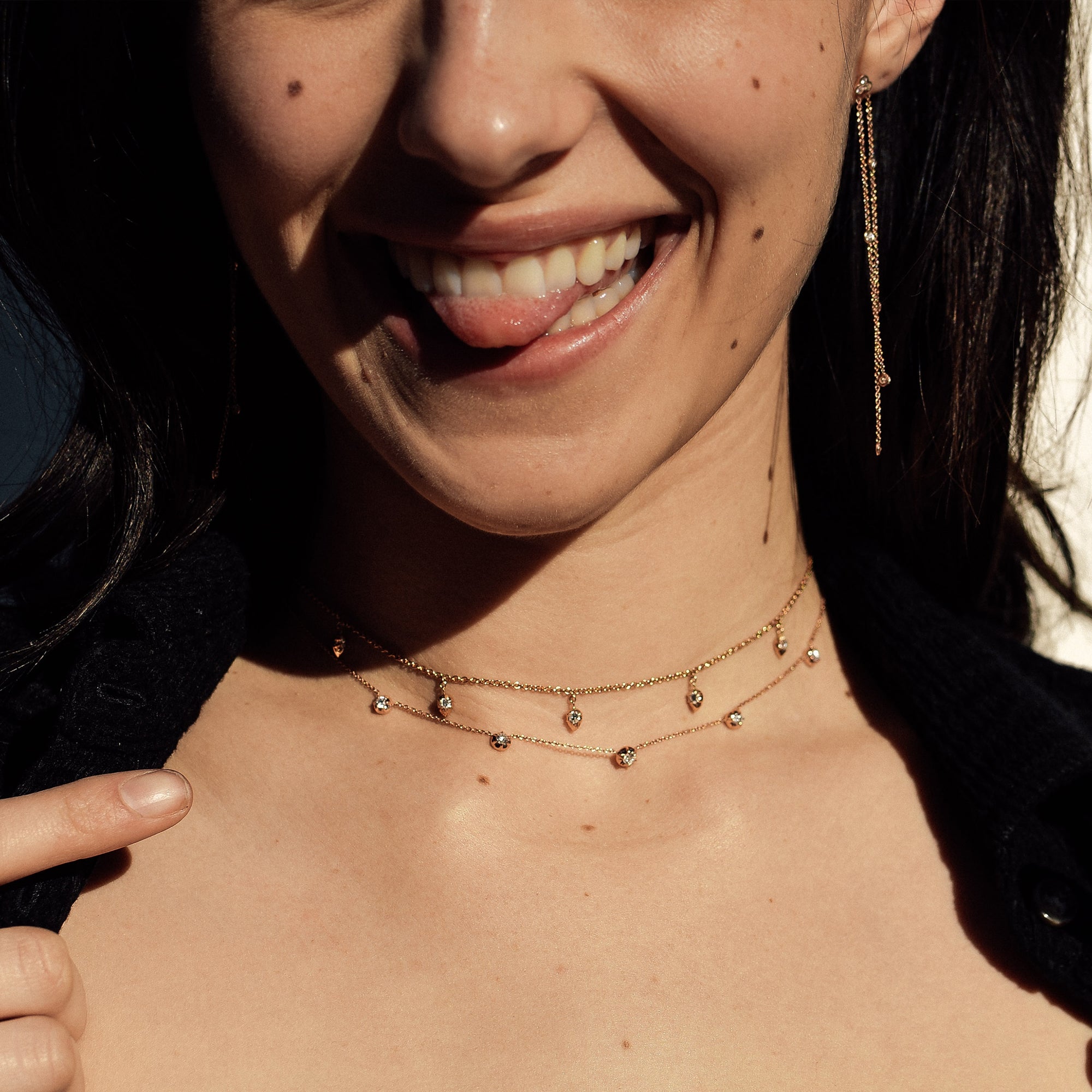 Devon Carlson shown wearing the Rose and Lily Necklace. 