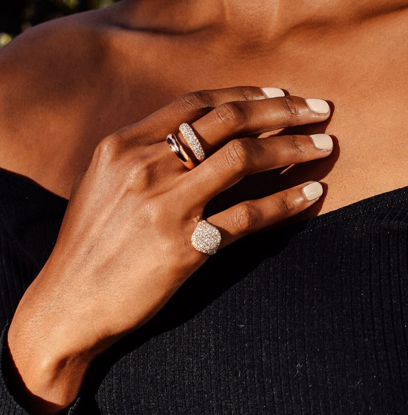 The Gemini Ring shown modeled with the Bling Ring. The perfect sparkle that you'll be able to see from a mile away!