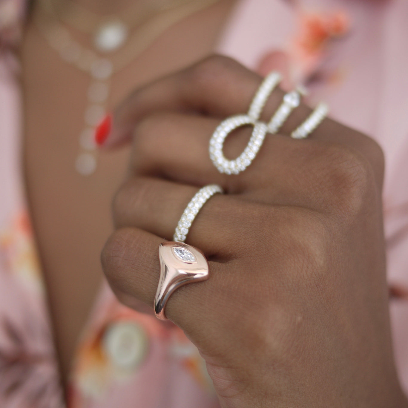 Marquise Pinky Ring shown with the Athena Ring.