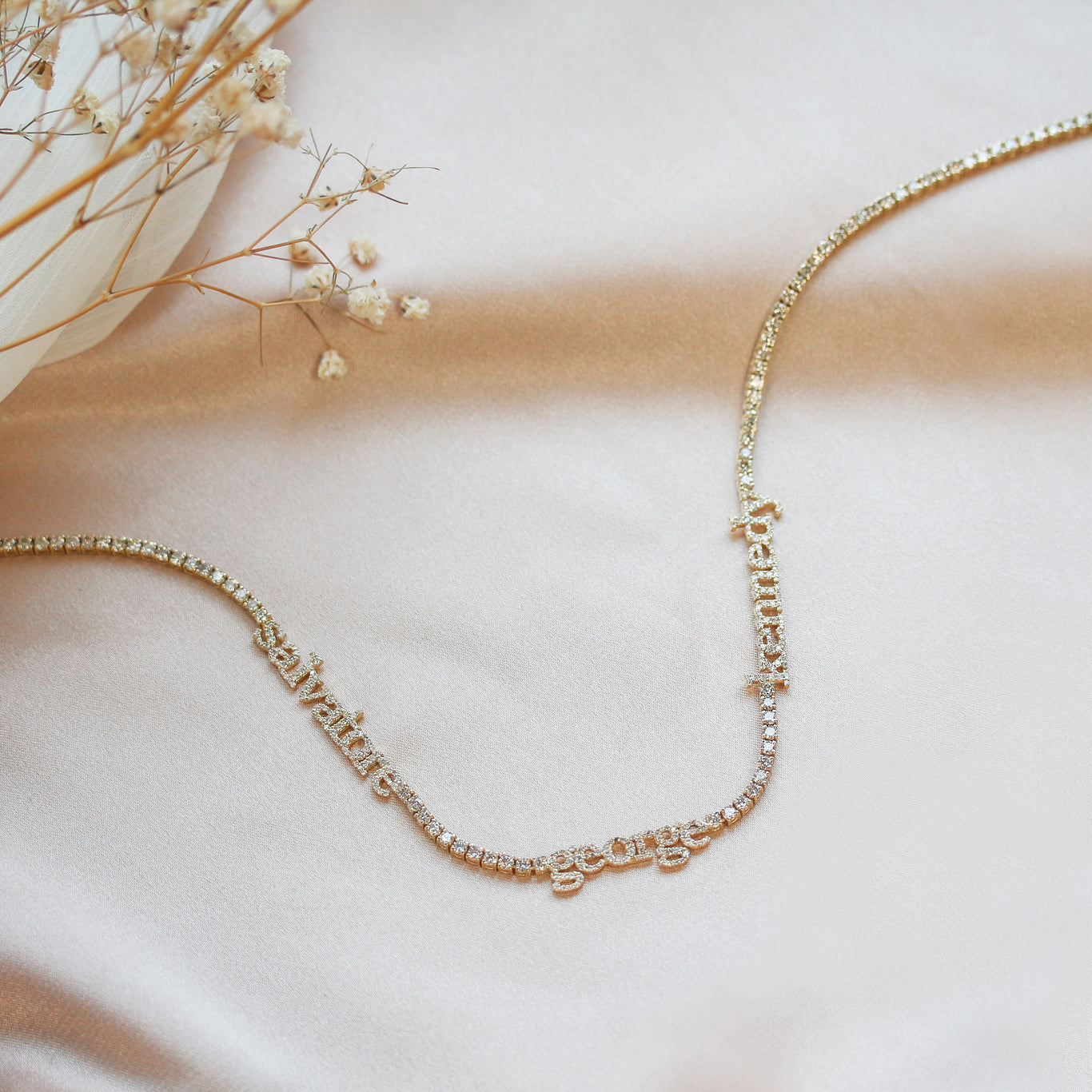 Custom Name Tennis Necklace shown in Yellow Gold