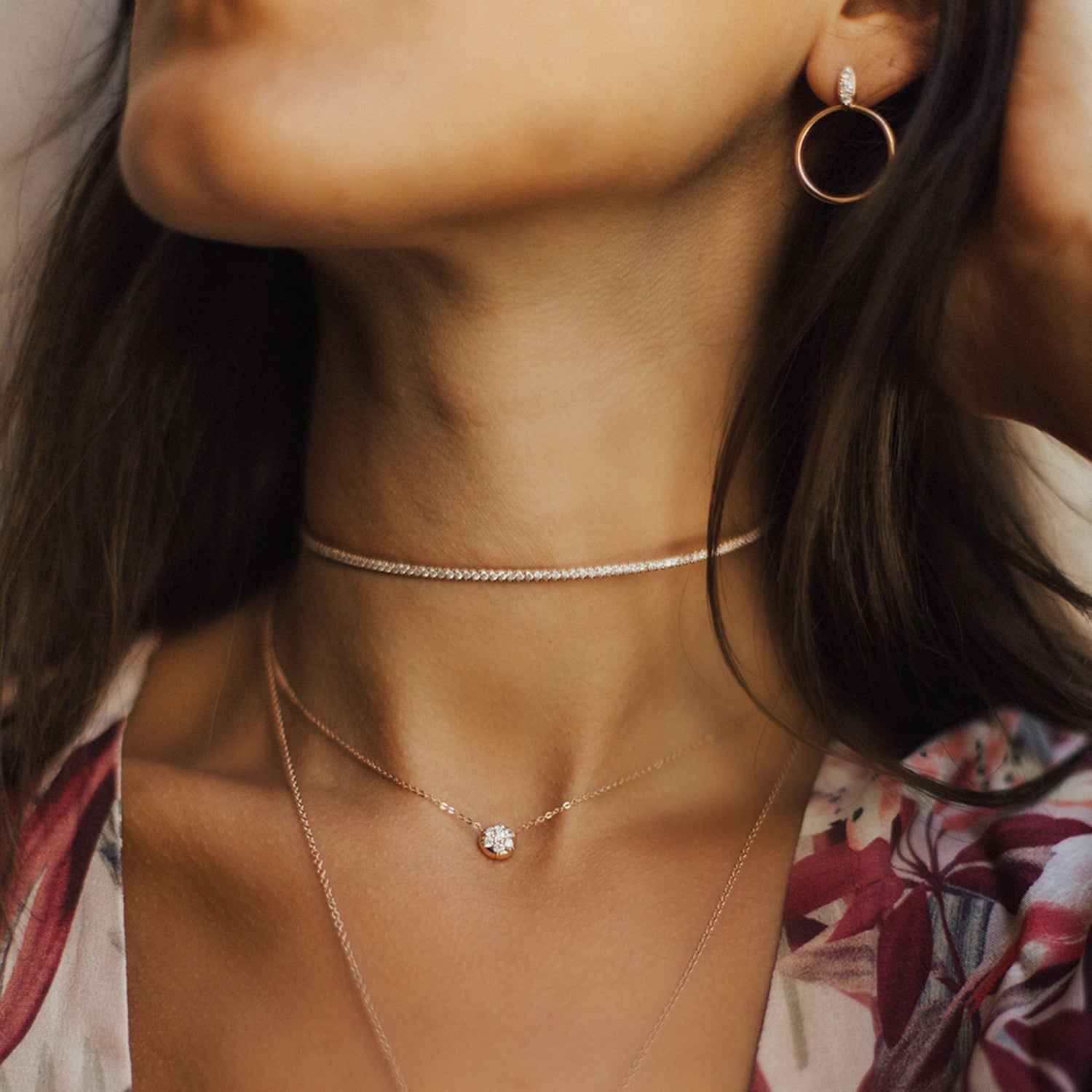 Our Lucienne Hoops shown styled with the Infinity Choker and Bullet Choker Chain. 