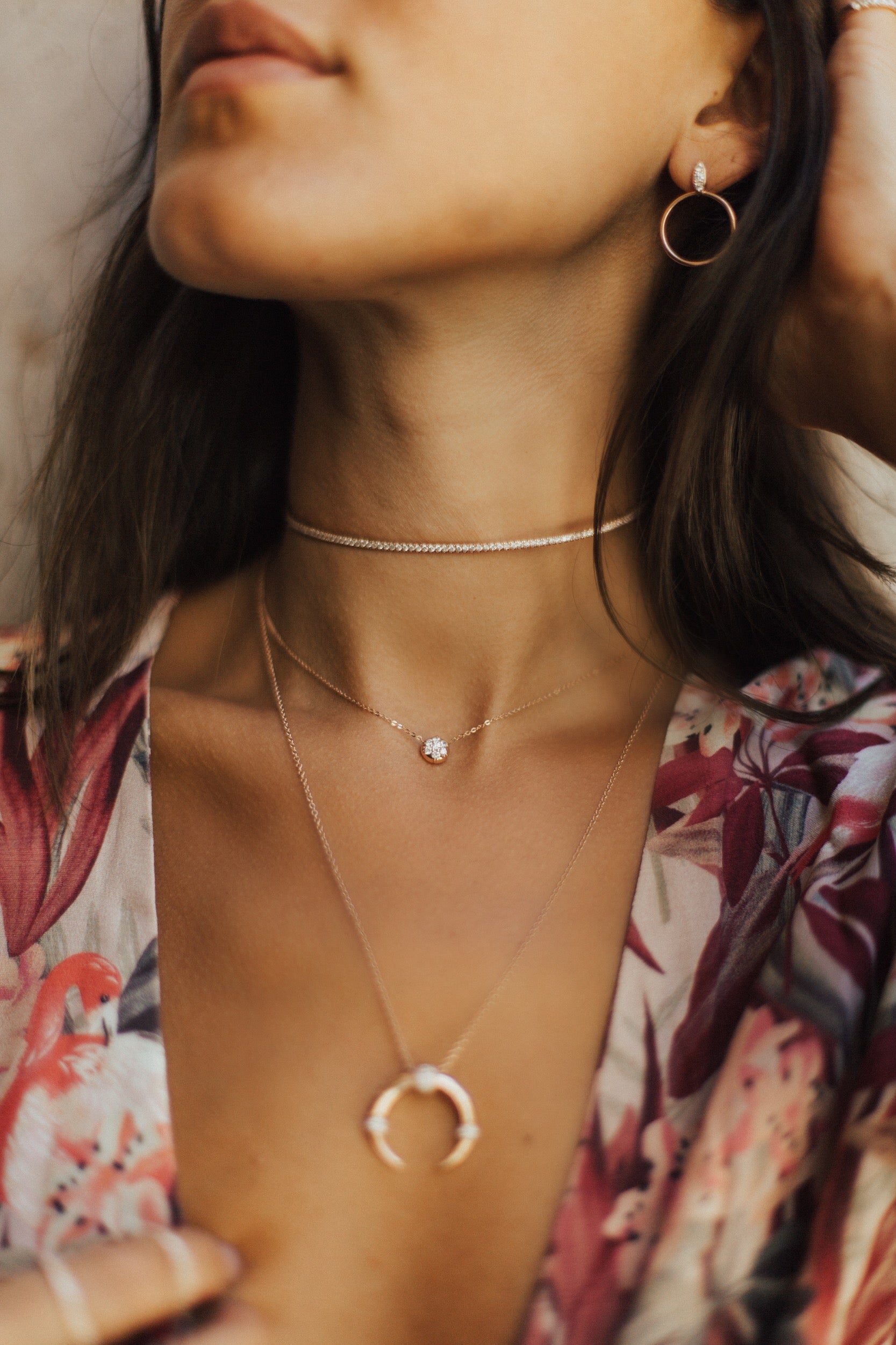 The Bullet Choker Chain shown beautifully layered with the Infinity Choker and Dharma Necklace.