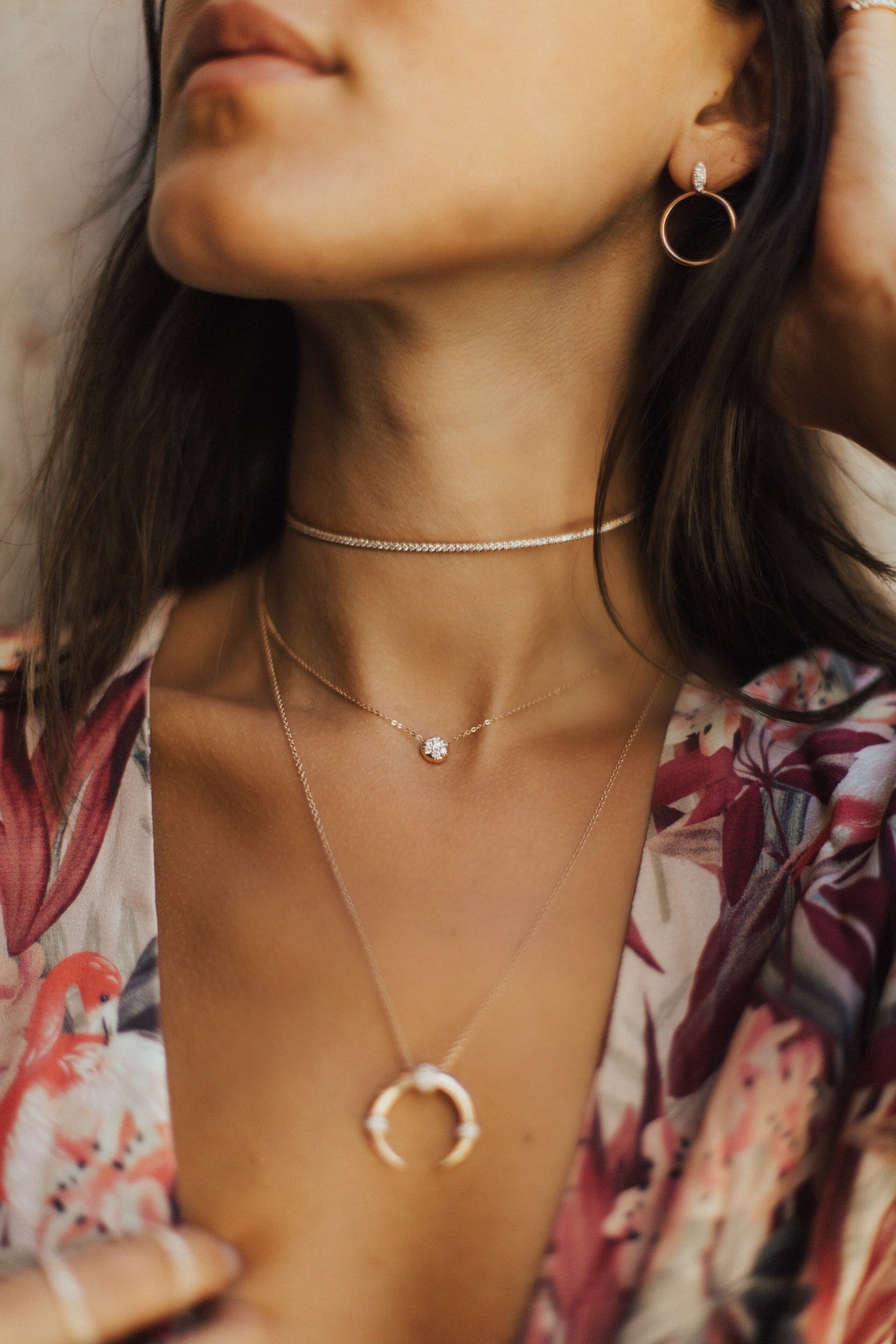 The Bullet Choker Chain shown beautifully layered with the Infinity Choker and Dharma Necklace.