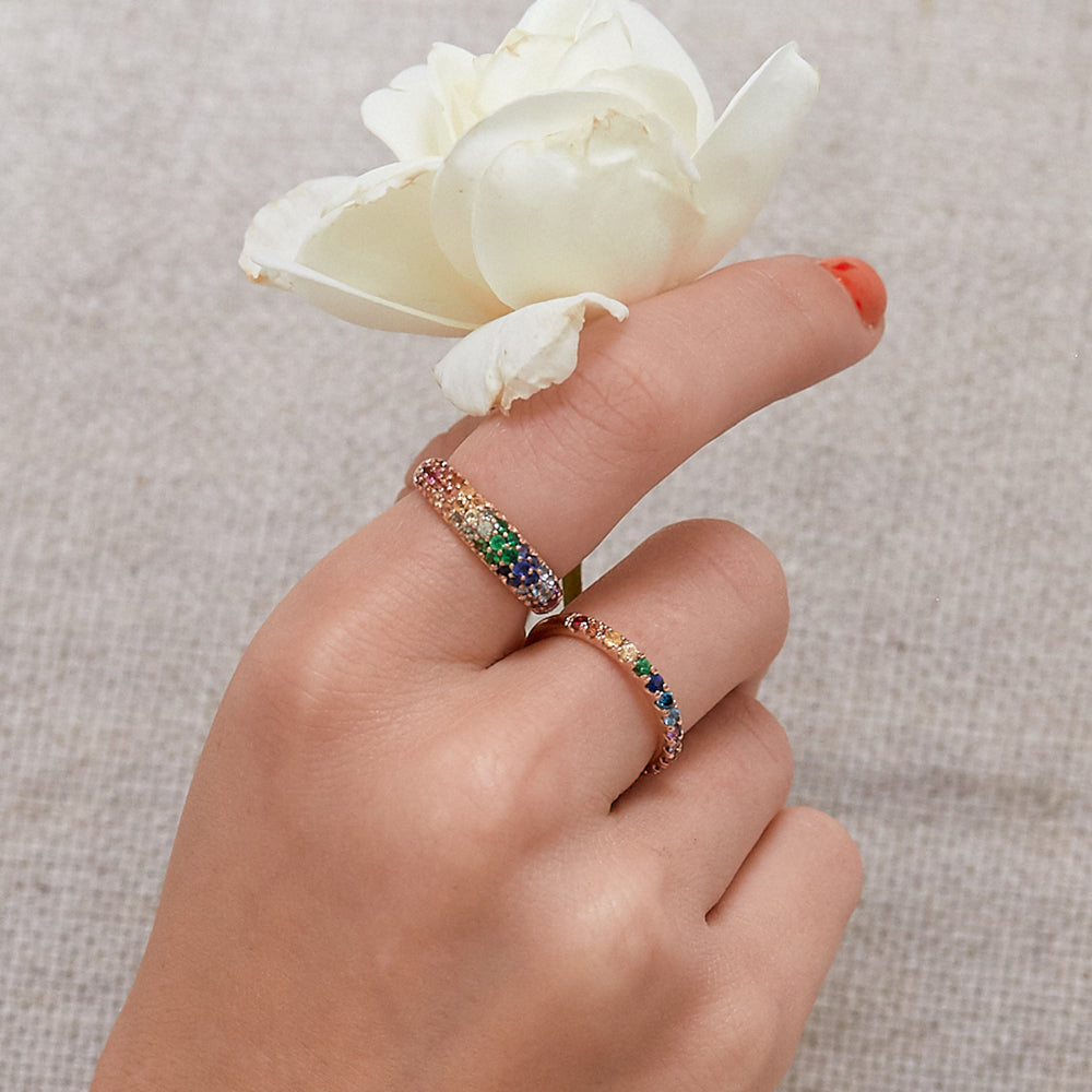 The Rainbow Band shown modeled with the Rainbow Dome Ring.