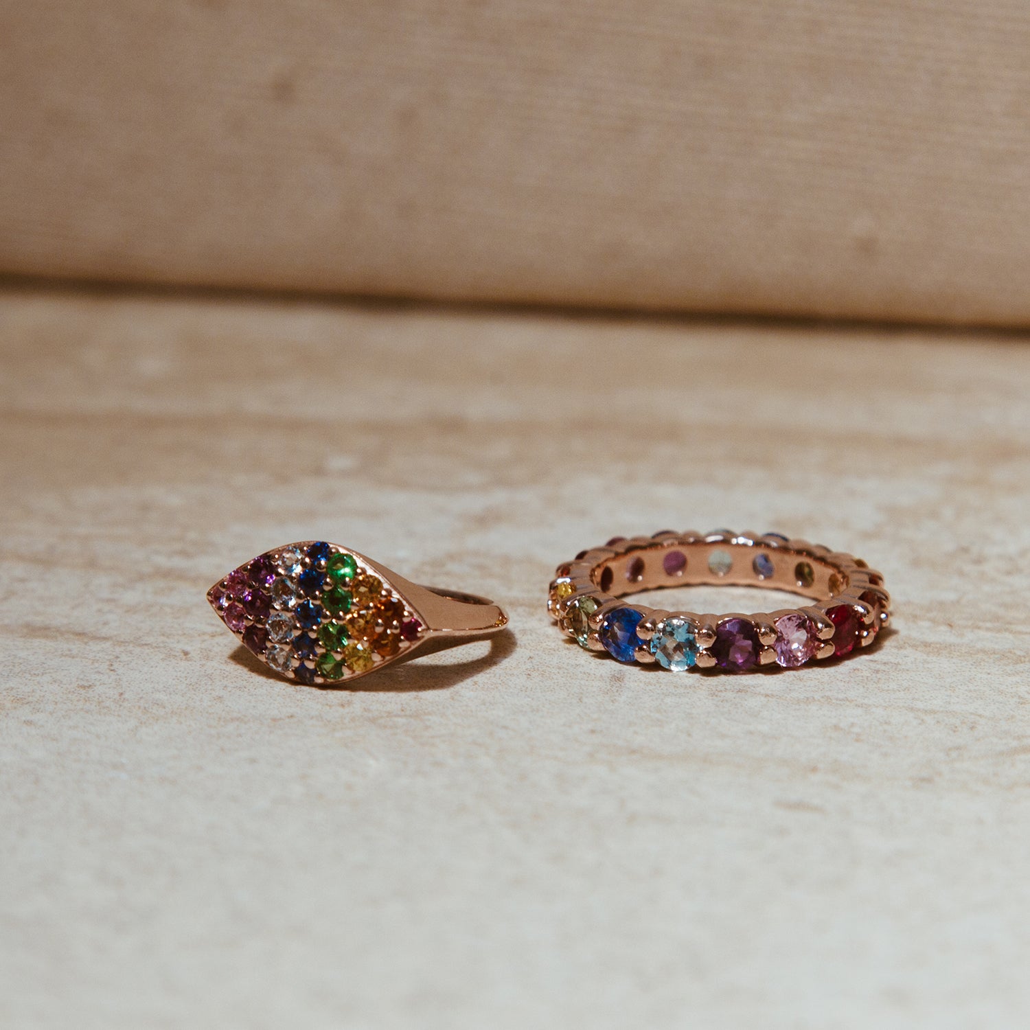 The Rainbow Eternity Band shown with the Rainbow Gemma Pinky Ring. Best when worn together!