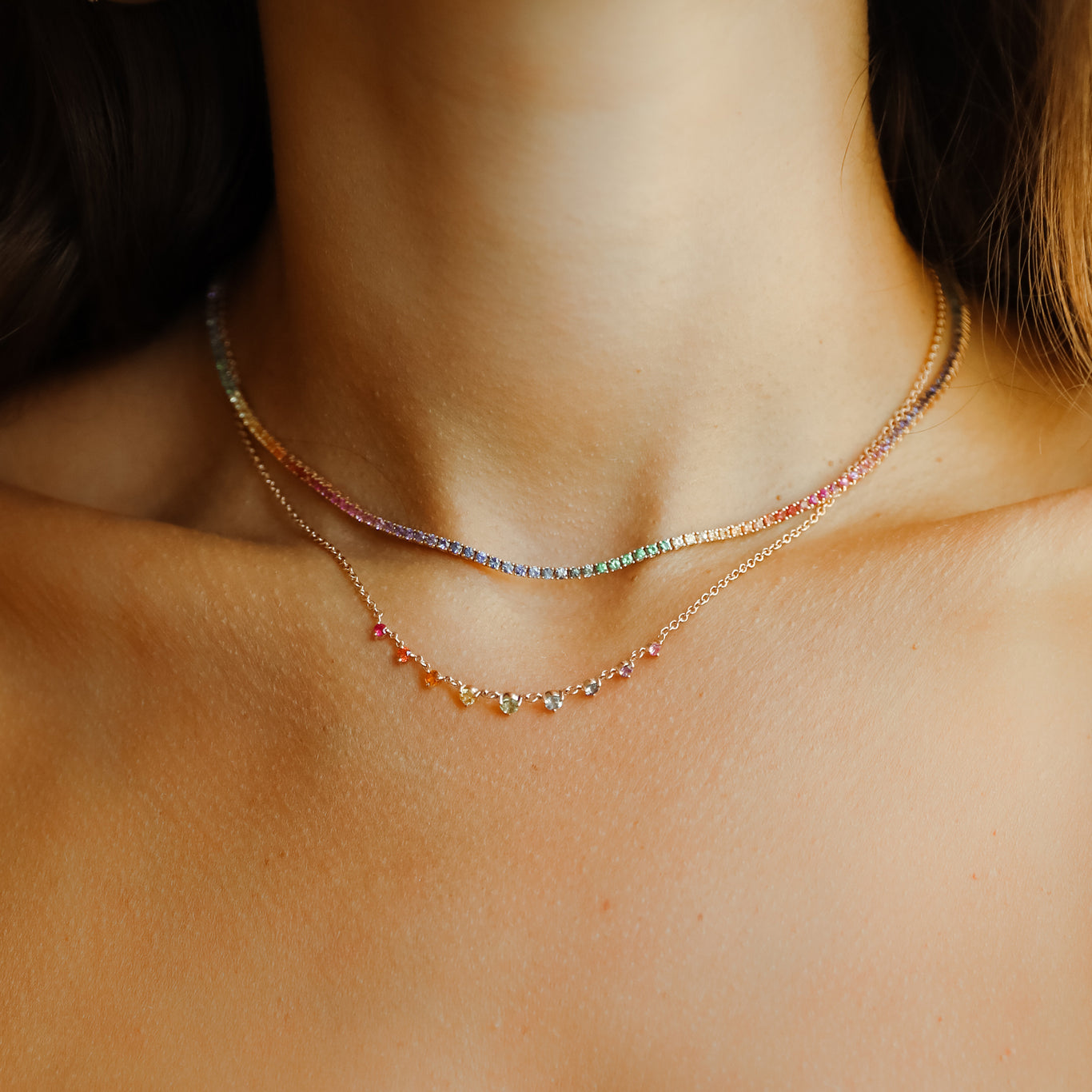 The Rainbow Mini Starstruck shown layered with the 5.00ct Rainbow Tennis Necklace. 