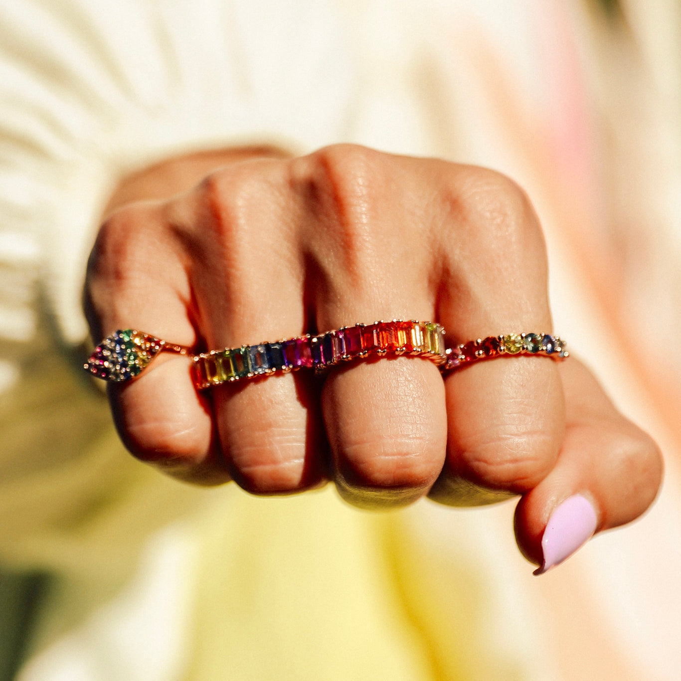 Rainbow Gemma Pinky Ring shown with the Rainbow Emerald Eternity and Rainbow Eternity Band.