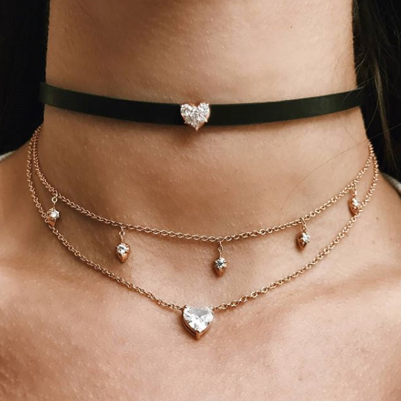 The Floating Heart Necklace shown paired with the Lily Choker.