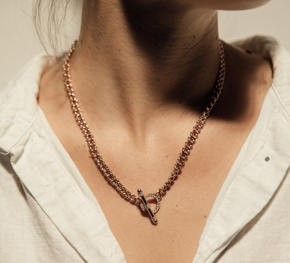 Tag Link Necklace shown in Rose Gold, 18" length.