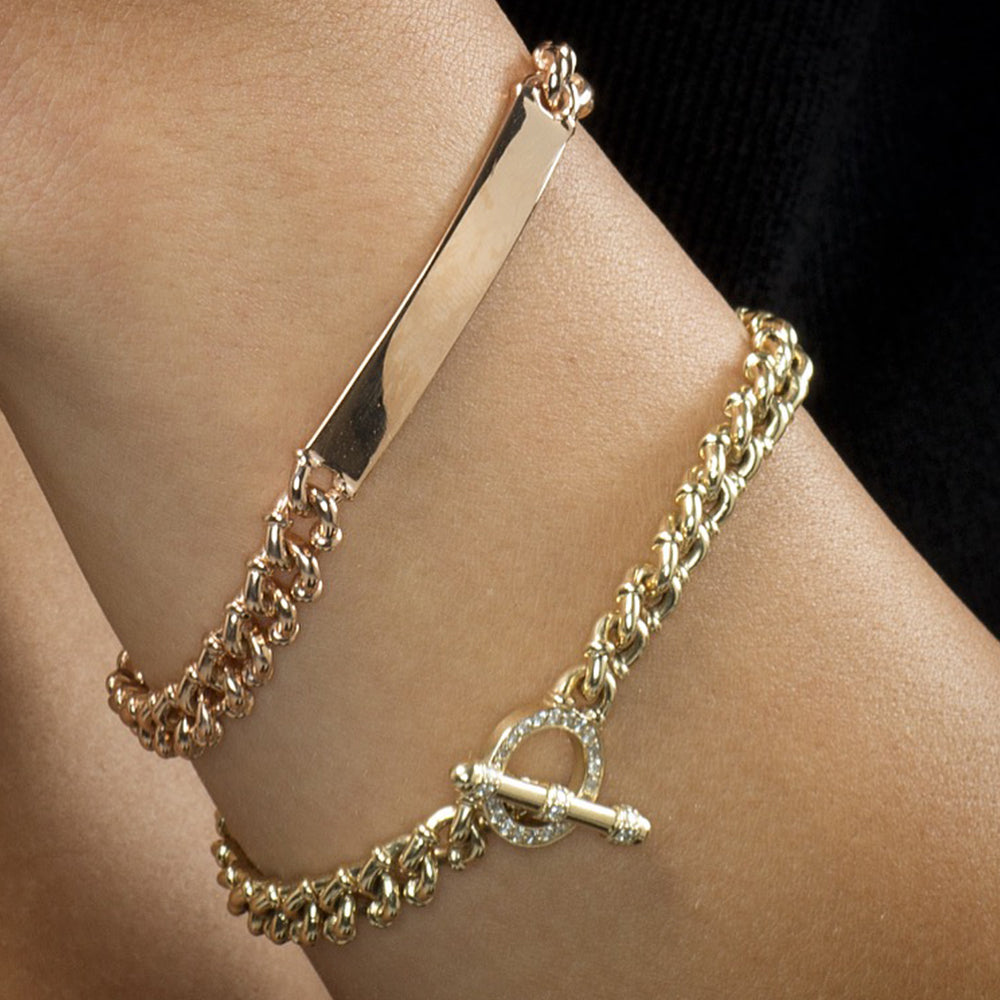 The Tag Bracelet shown in rose and yellow gold.