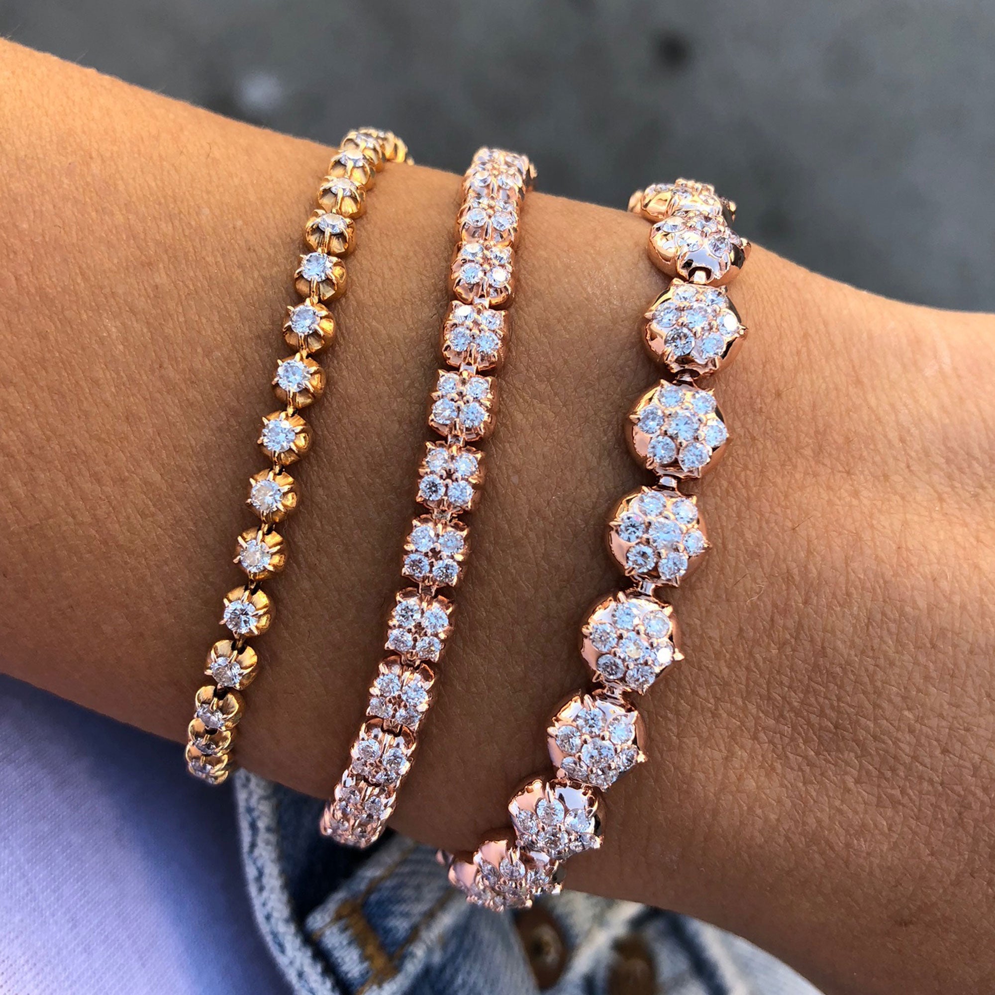 Trilogy Bracelet shown with our Crown Tennis Bracelet and Rosette Tennis Bracelet.