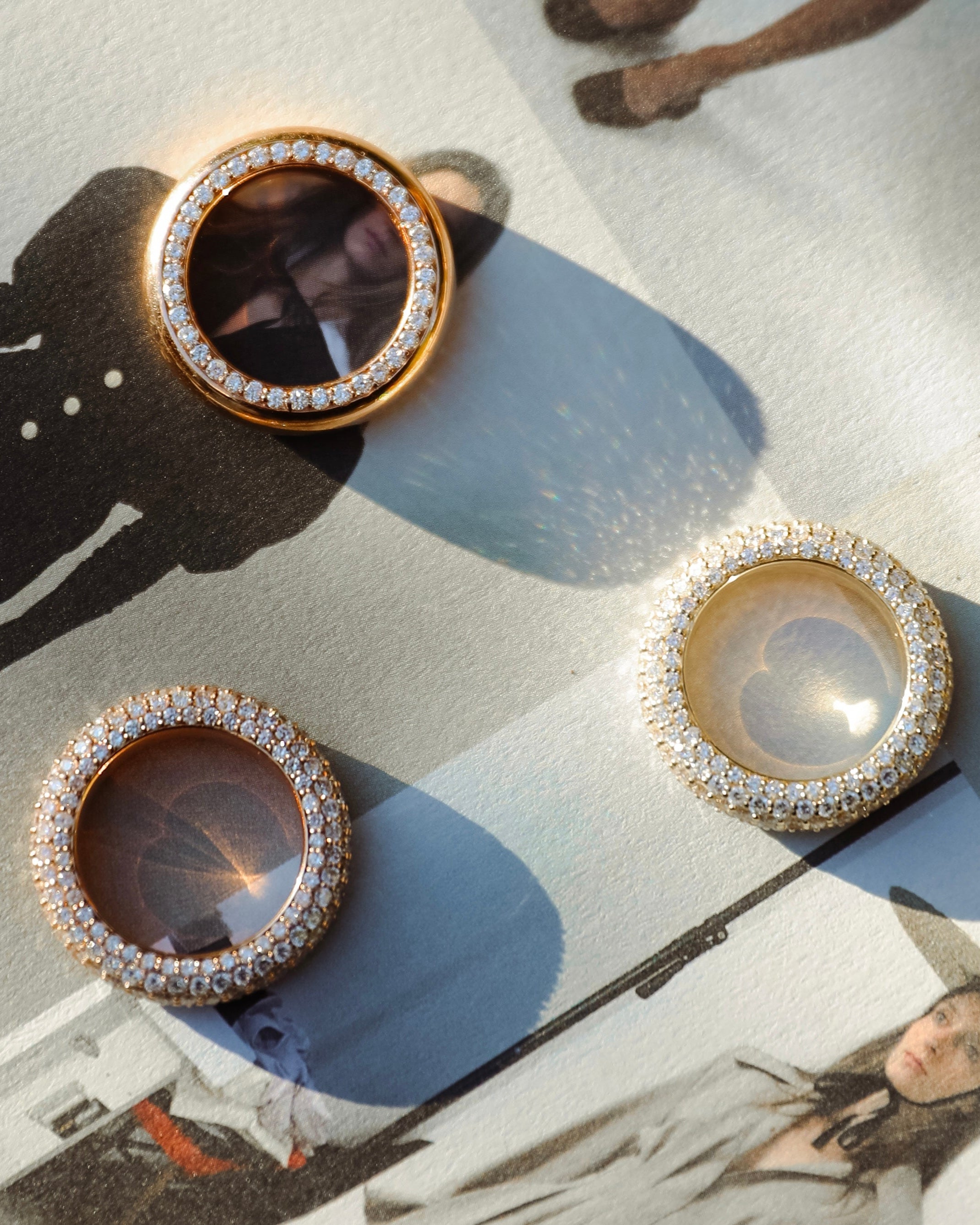 Pave Bombe Rings shown in Rose and Yellow with a Rose Gold Bombe Ring, 14k yellow gold, 14k rose gold, 14k white gold