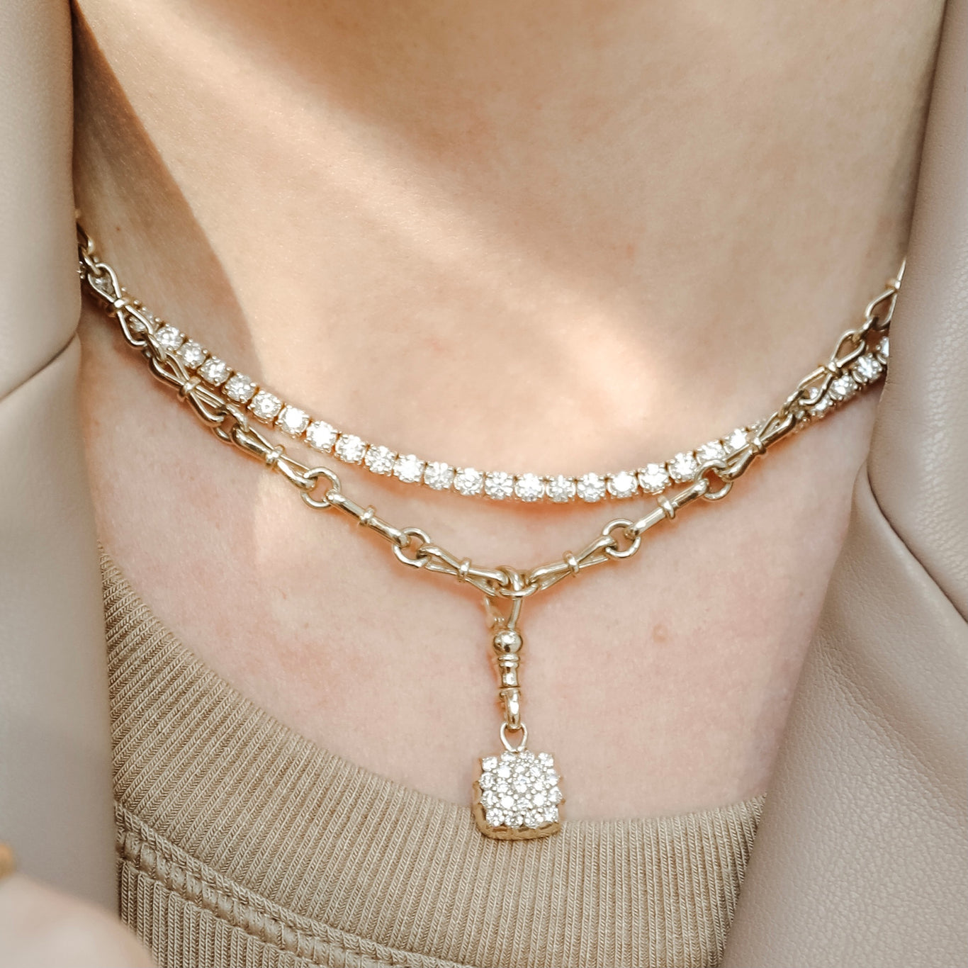 Trilogy Necklace shown with a diamond tennis necklace