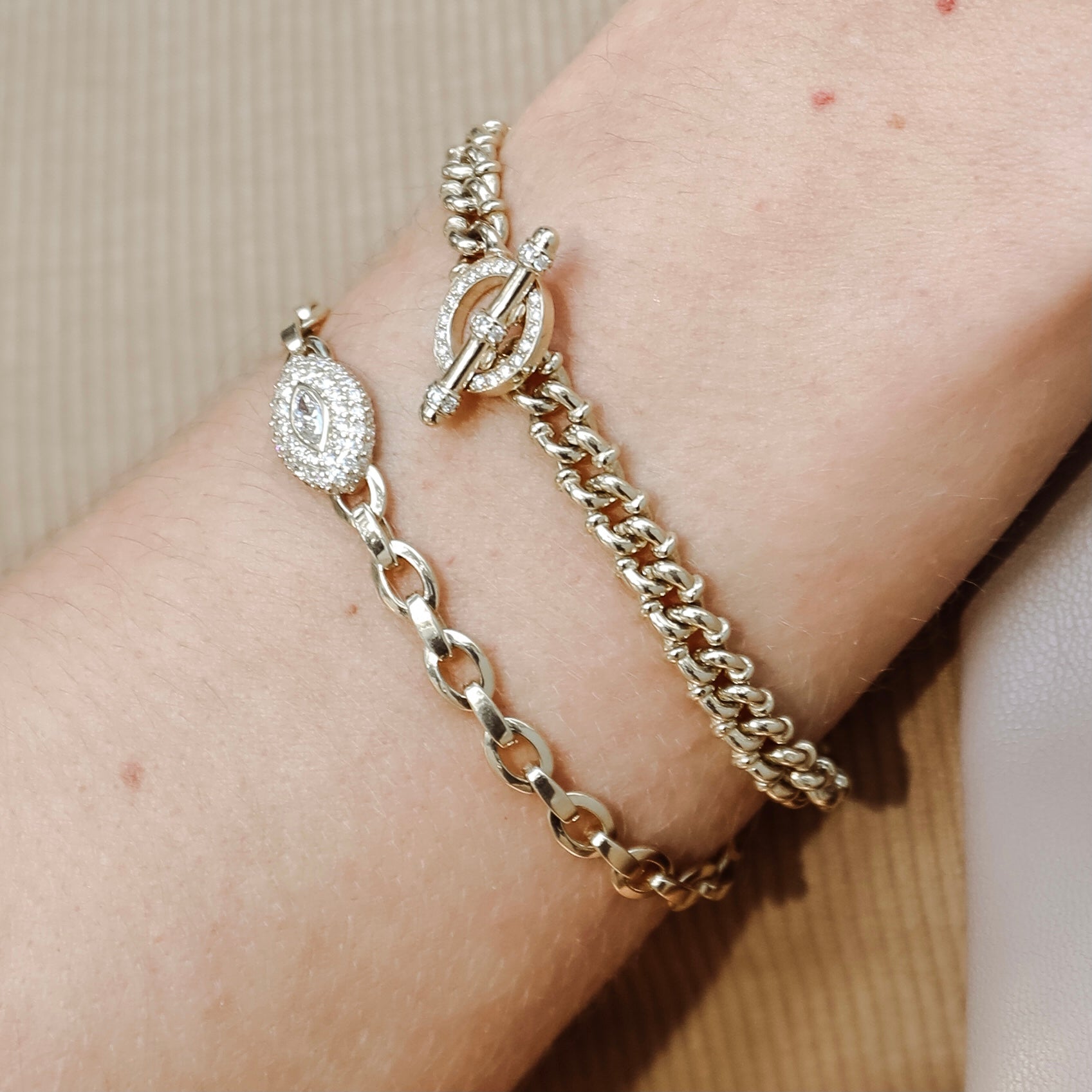Marquise Link Bracelet shown with the Linked Bracelet in Yellow Gold