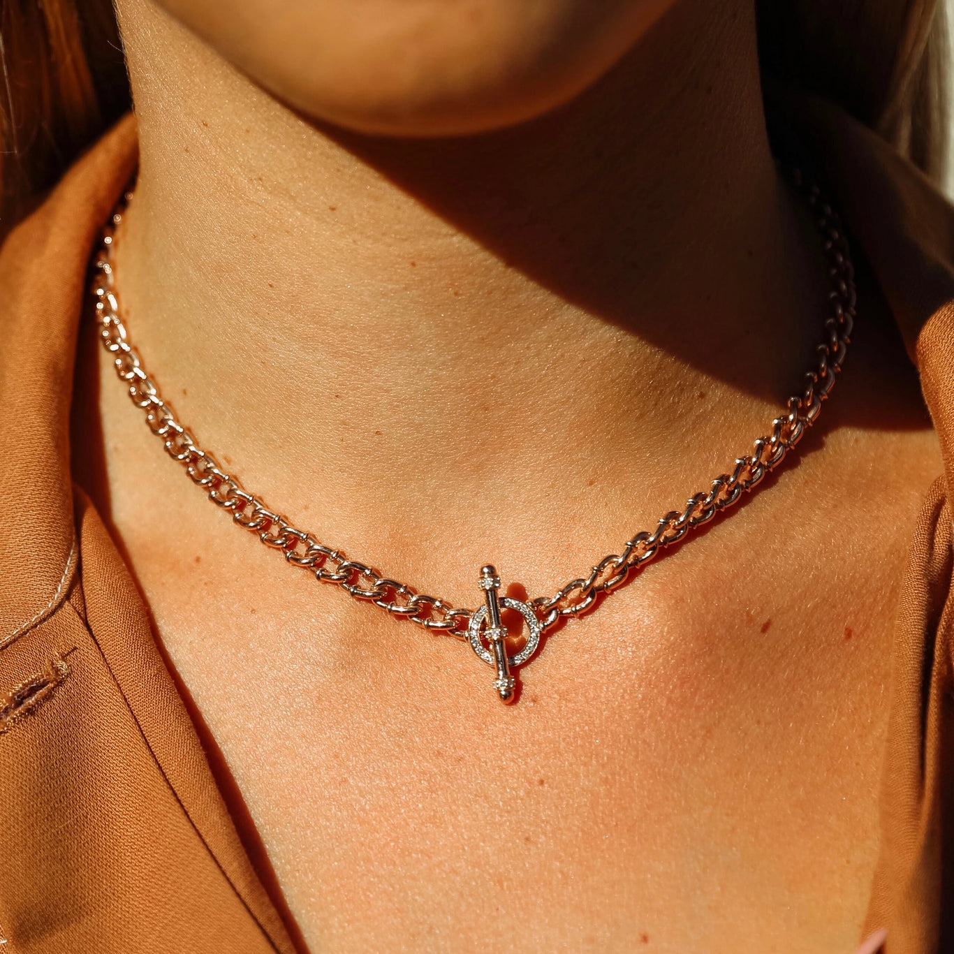Tag Link Necklace shown in Rose Gold, 16" length.