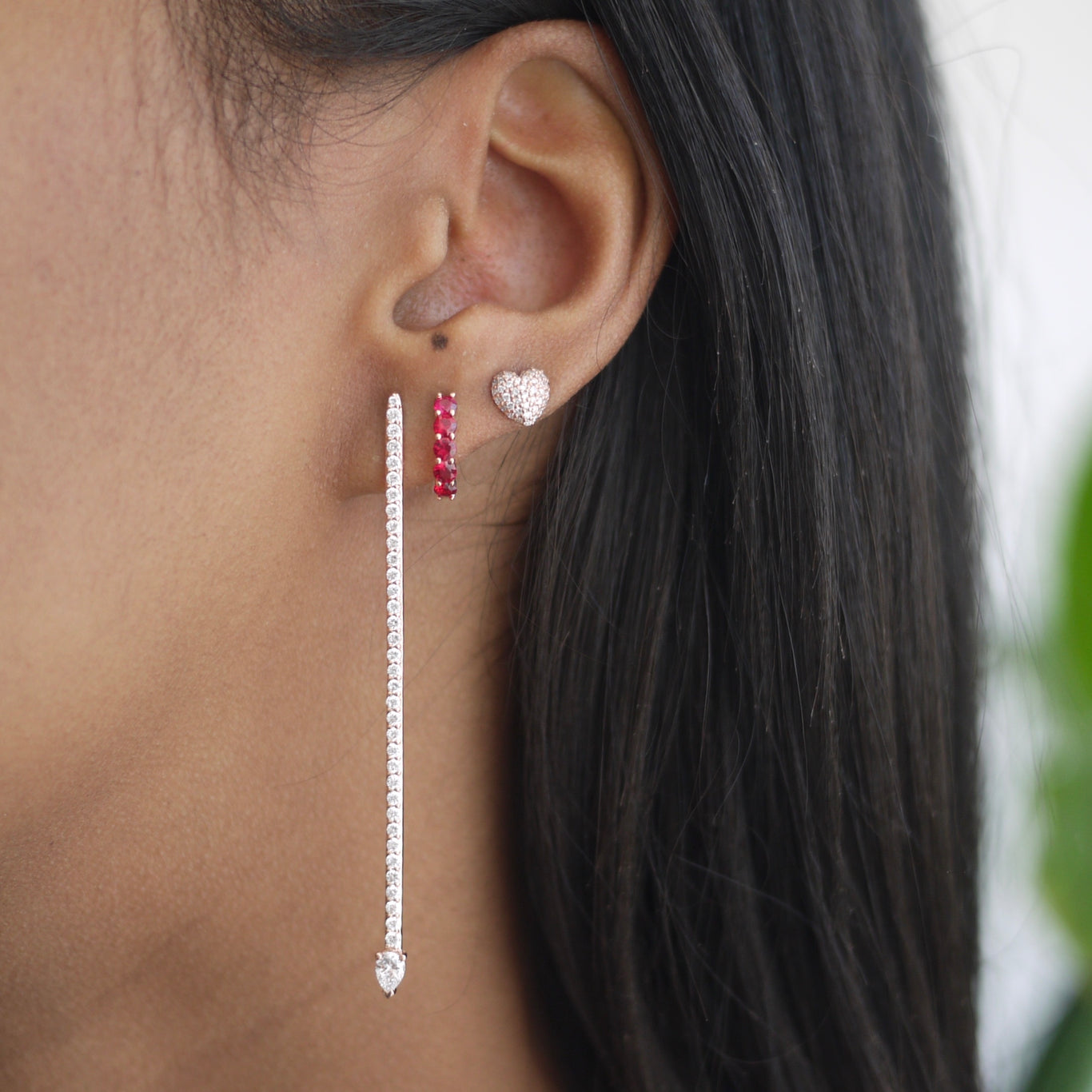 Ruby Sparkler Huggie shown with the Millo Earring and Diamond Heart Stud.