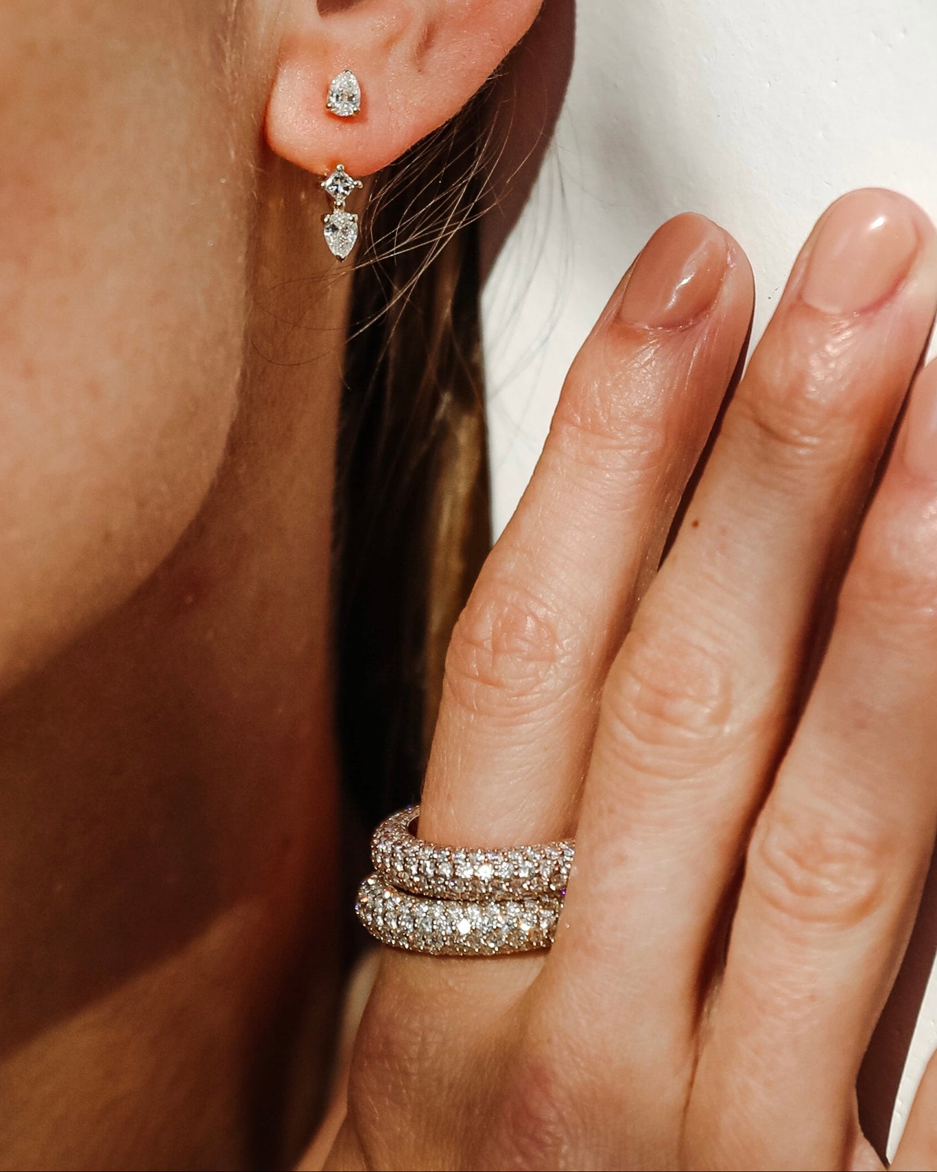 Pave Bombe Rings in Rose and Yellow shown with the Princess Earring, 14k yellow gold, 14k rose gold, 14k white gold