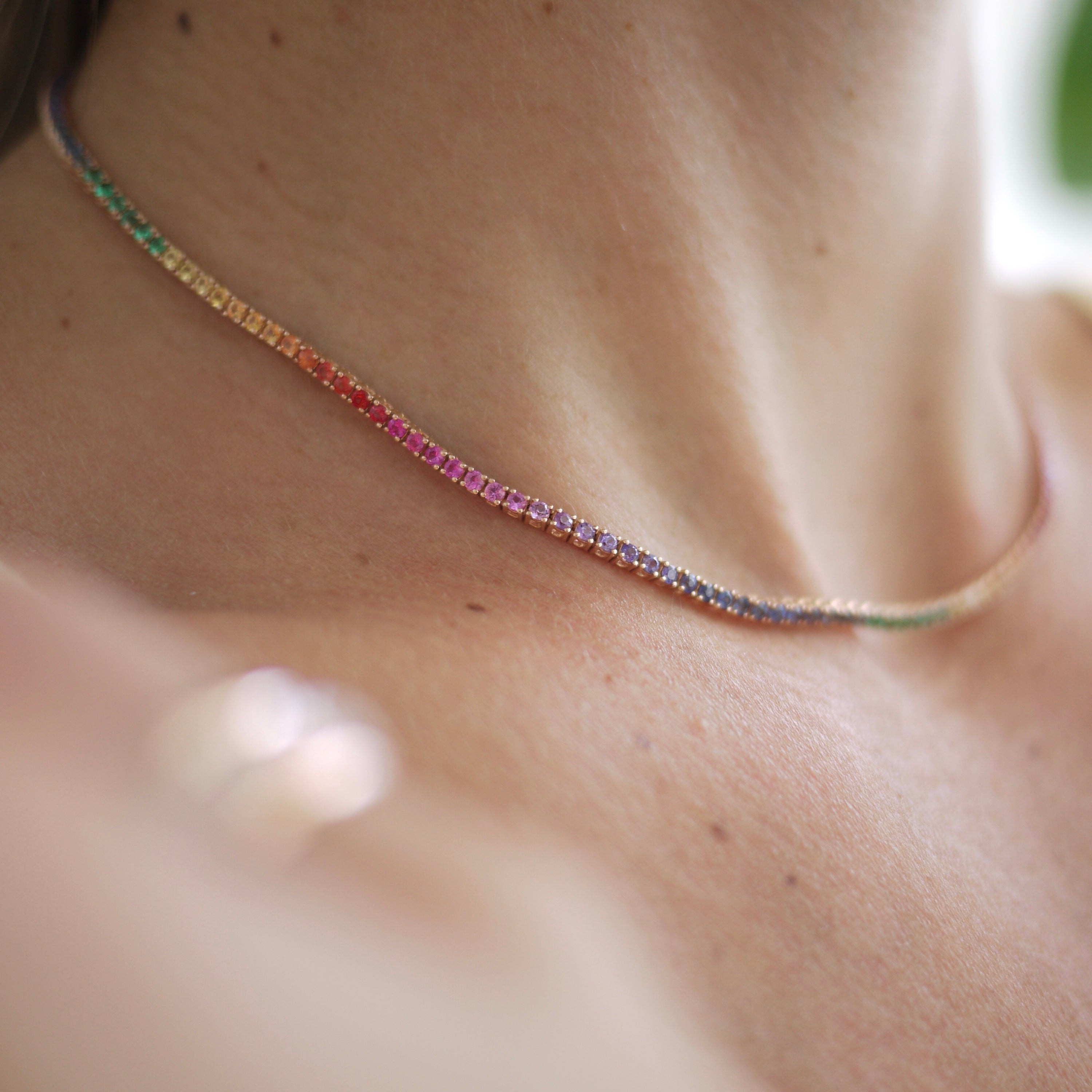 Rainbow Tennis Necklace shown in rose gold